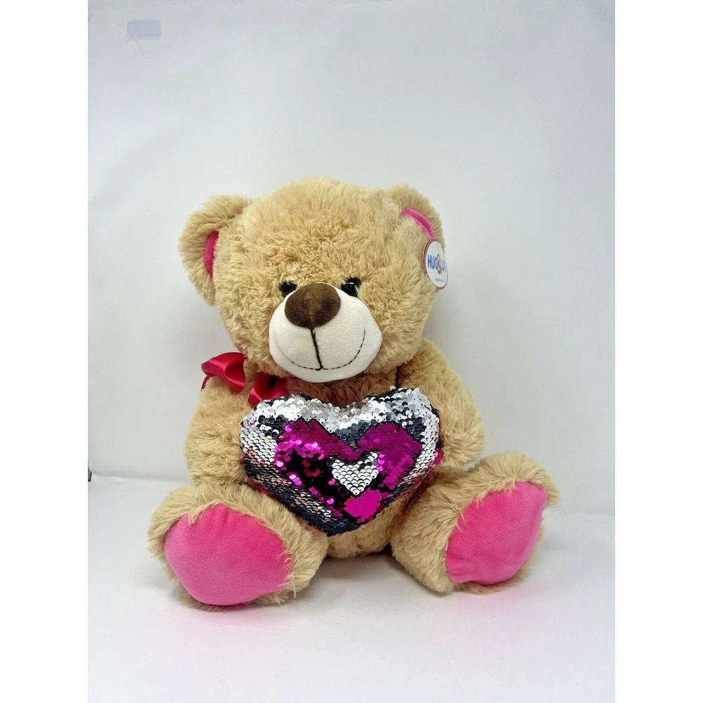 Hug&Luv Brown Bear and Pink Tie Plush Stuffed Toy w/ Heart Reversible Color Gift